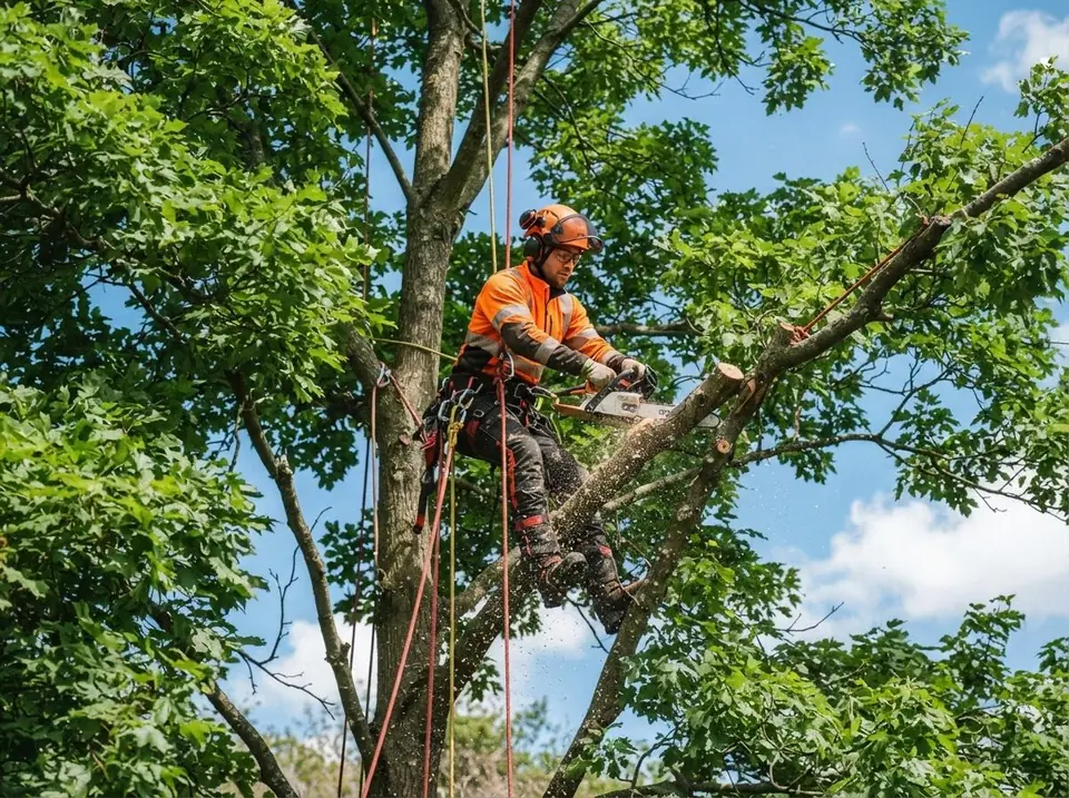 Élagueur grimpeur réalisant un élagage d'arbre sur corde