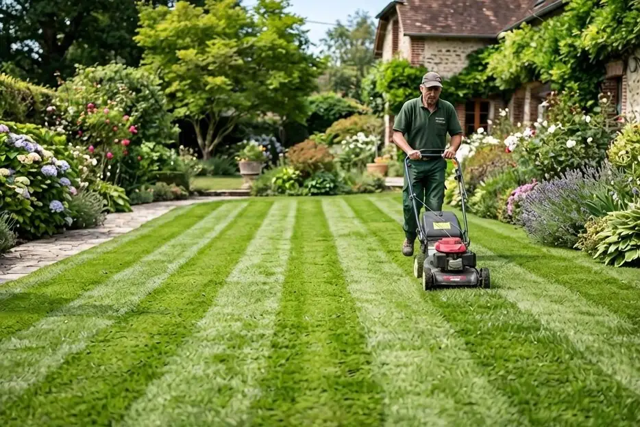 Tonte de pelouse avec bandes régulières dans un jardin